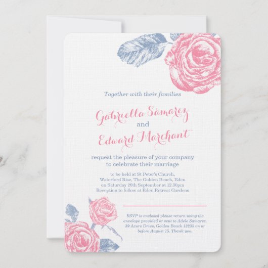 Rozen inkt schets blauw roze bruiloft portret uitn kaart (Voorkant)