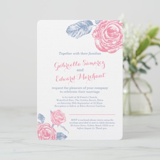 Rozen inkt schets blauw roze bruiloft portret uitn kaart (Staand voorkant)