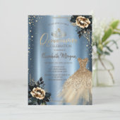 Rozen jurk, diamanten blauw metallic quinceañera kaart (Staand voorkant)