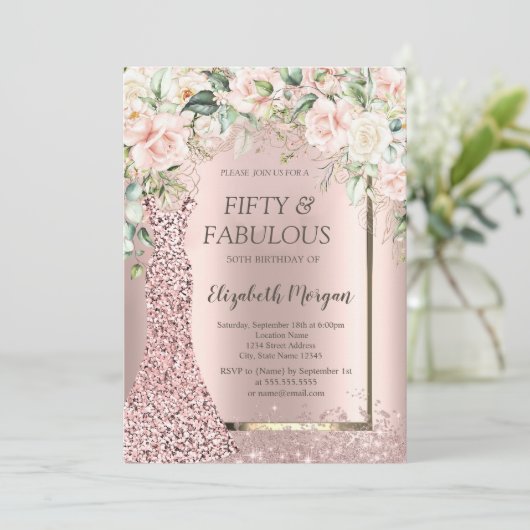 Rozen Jurk Roos Gouden Glitter Confetti 50th Kaart (Staand voorkant)
