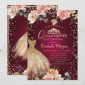 Rozen, Jurk Tiara, Diamonds Bourgondië Quinceañera Kaart (Voorkant / Achterkant)