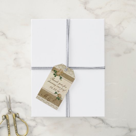 Rozen Kant en Burlap bruiloft gunst Cadeaulabel (Met Touw)