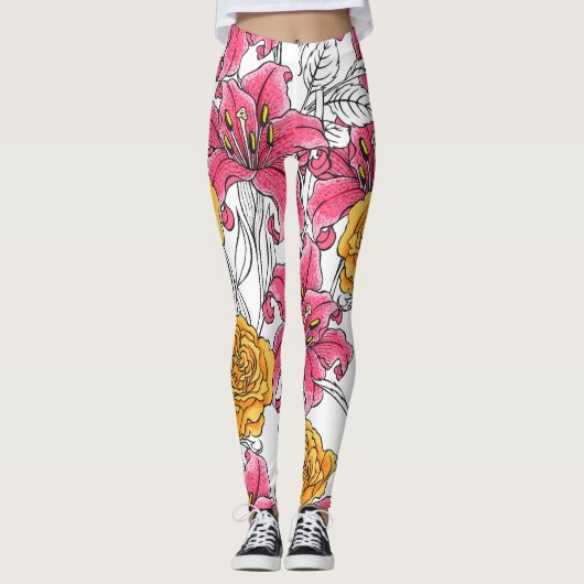 Rozen Lelies Hand getrokken patroon Leggings (Voorkant)