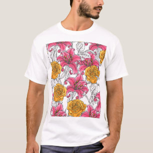 Rozen Lelies Hand getrokken patroon T-shirt