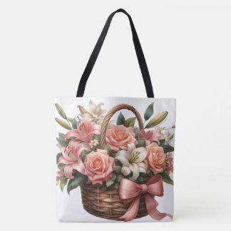 Rozen lelies in een mandje tote bag