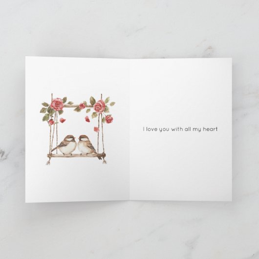 Rozen Liefde Vogels op Schommel Valentijnsdag Kaart (Binnen)