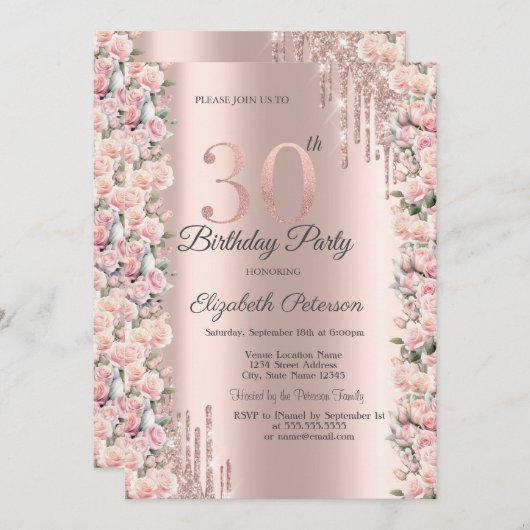 Rozen Lijst Drips Roos Gold 30e Verjaardag Kaart (Voorkant / Achterkant)