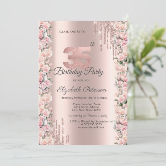 Rozen Lijst Drips Roos Gold 35e Verjaardag Kaart (Staand voorkant)