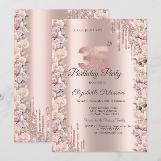 Rozen Lijst Drips Roos Gold 35e Verjaardag Kaart (Voorkant / Achterkant)