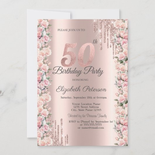 Rozen Lijst Druppels Roos Goud 50e Verjaardag Kaart (Voorkant)