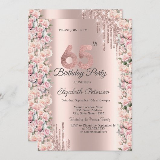 Rozen Lijst Druppels Roos Goud 65e Verjaardag Kaart (Voorkant / Achterkant)