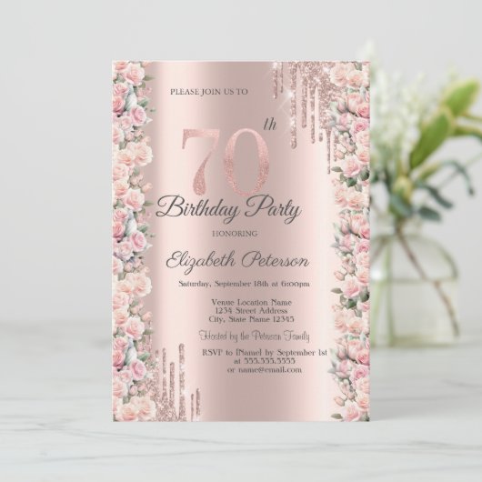 Rozen Lijst Druppels Roos Goud 70e Verjaardag Kaart (Staand voorkant)