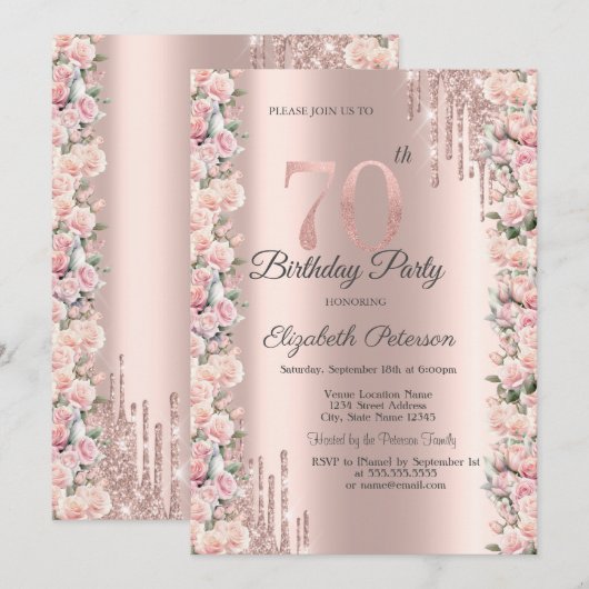 Rozen Lijst Druppels Roos Goud 70e Verjaardag Kaart (Voorkant / Achterkant)