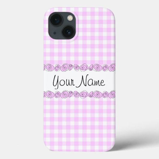 Rozen Lila 'Naam' check iPhone case verticaal (Achterkant)