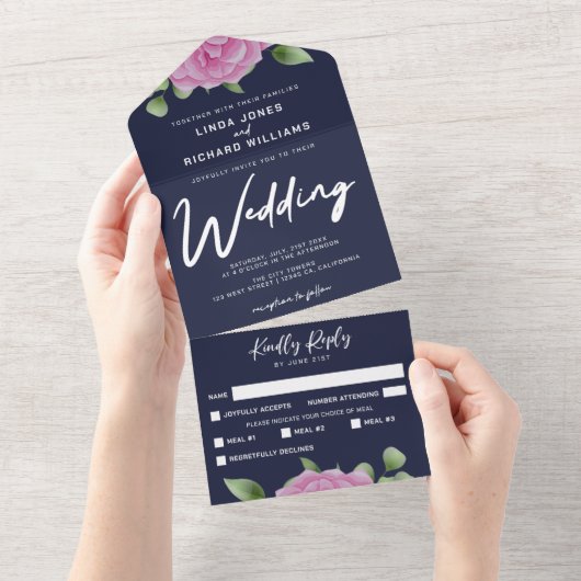 Rozen marine All in One Wedding Invitation Uitnodiging (Afscheurbaar)