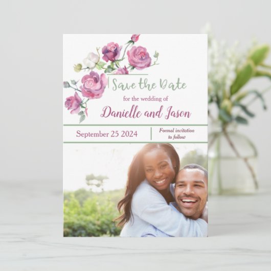 Rozen Mauve en Sage Foto opslaan Datum Aankondiging (Staand voorkant)