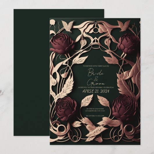 Rozen met donkergroen en goud kaart (Voorkant / Achterkant)