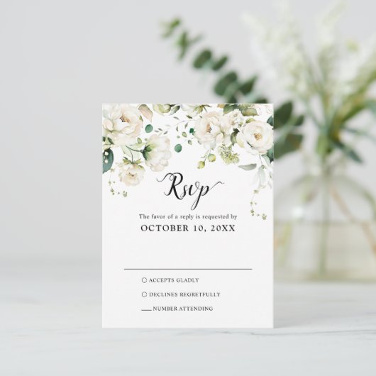 Rozen met een botanische bruiloft RSVP-POS Briefkaart (Staand voorkant)