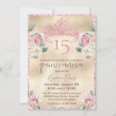 Rozen met Glitter Tiara op Gold Quinceañera Kaart (Voorkant)