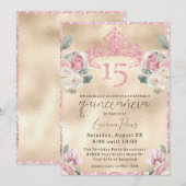 Rozen met Glitter Tiara op Gold Quinceañera Kaart (Voorkant / Achterkant)