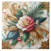 Rozen met gouden bladeren op marmer tegeltje (Voorkant)