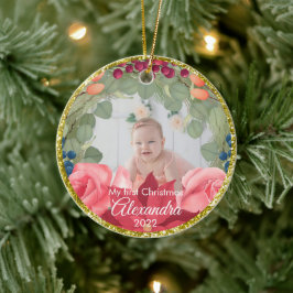 Rozen met goudglitter poinsettia keramisch ornament