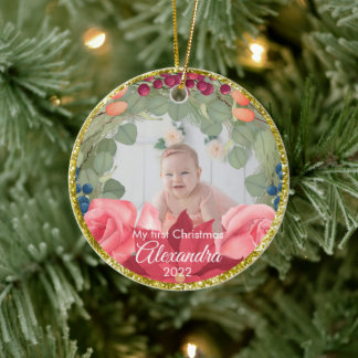 Rozen met goudglitter poinsettia keramisch ornament