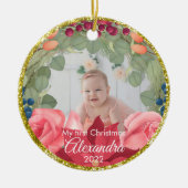 Rozen met goudglitter poinsettia keramisch ornament (Voorkant)