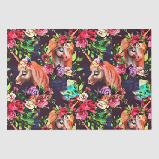 Rozen met kleurrijke Unicorns en Flowers Tissuepapier (Voorkant)