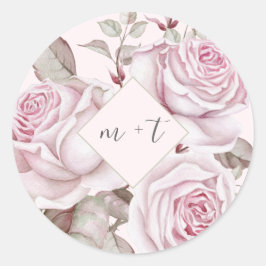 Rozen met Monogrammen Trouwen Ronde Sticker