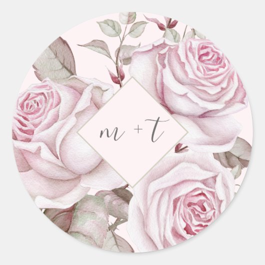Rozen met Monogrammen Trouwen Ronde Sticker (Voorkant)
