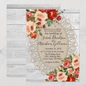 Rozen met rode bloemen rond witte hout Rustic Wedd Kaart (Voorkant / Achterkant)