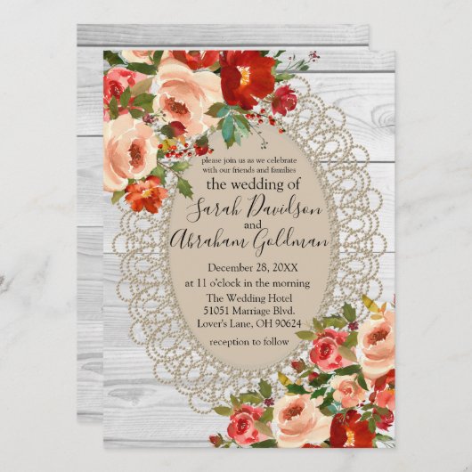 Rozen met rode bloemen rond witte hout Rustic Wedd Kaart (Voorkant / Achterkant)