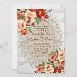 Rozen met rode bloemen rond witte hout Rustic Wedd Kaart