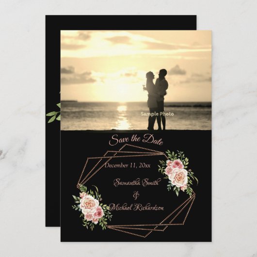 Rozen met Roos Gold Geometric Photo Save the Date (Voorkant / Achterkant)