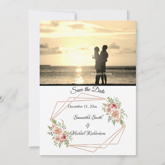 Rozen met Roos Gold Geometric Photo Save the Date (Voorkant)