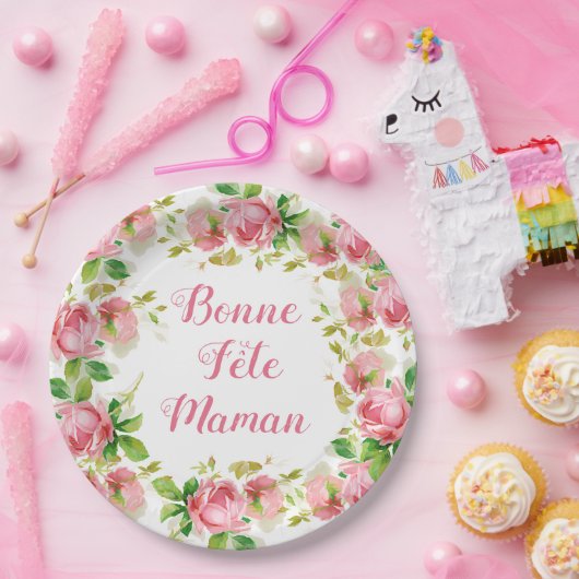 rozen met roze verf - Franse Moederdag Papieren Bordje (Feest)