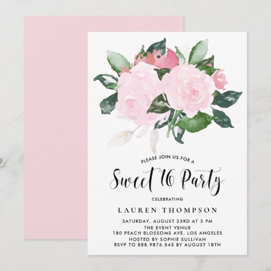 Rozen met roze Waterverf zoete zestien partij Kaart (Voorkant / Achterkant)