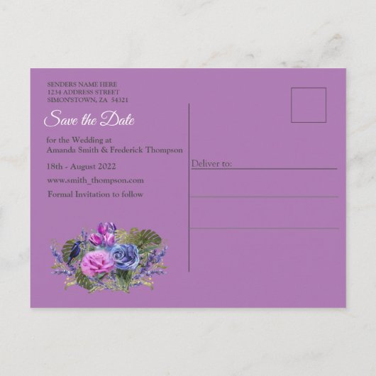 Rozen met violetblauwe Waterverf en tulpen met Gol Aankondigingskaart (Achterkant)