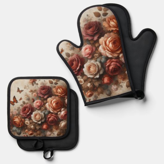  Rozen met Vlinders Ovenwant & Pannenlap Set (Voorkant / Achterkant)