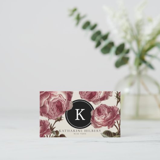  Rozen met zwart monogram Visitekaartje (Staand voorkant)