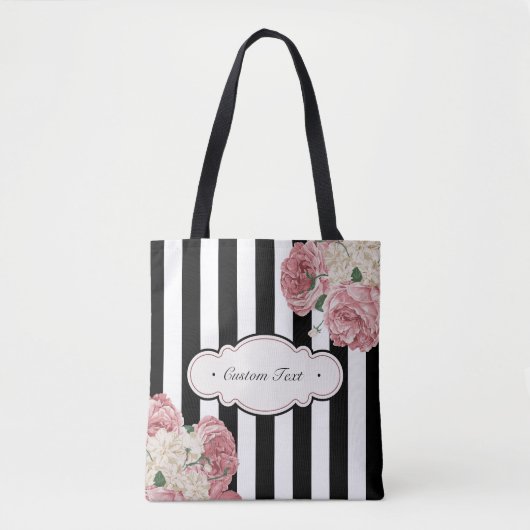 Rozen met zwarte en witte strepen tote bag (Voorkant)