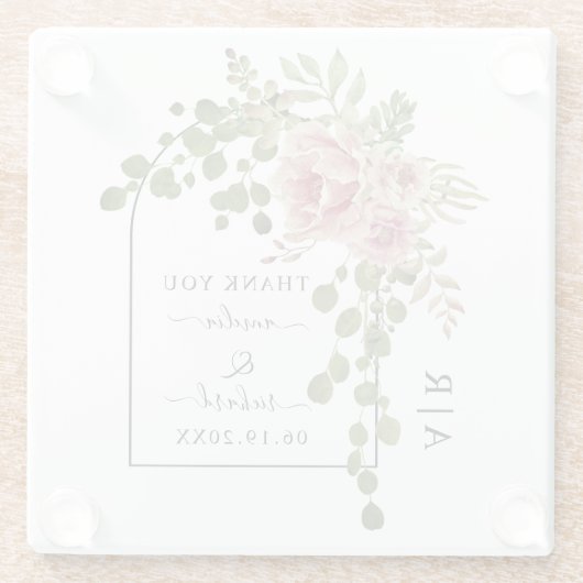 Rozen, mosterdbloemen, boog- en monogram bruiloft glazen onderzetter (Achterkant)