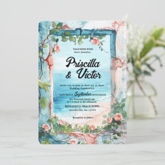 Rozen,  Muur en Zee Strand Bruiloft Kaart (Staand voorkant)