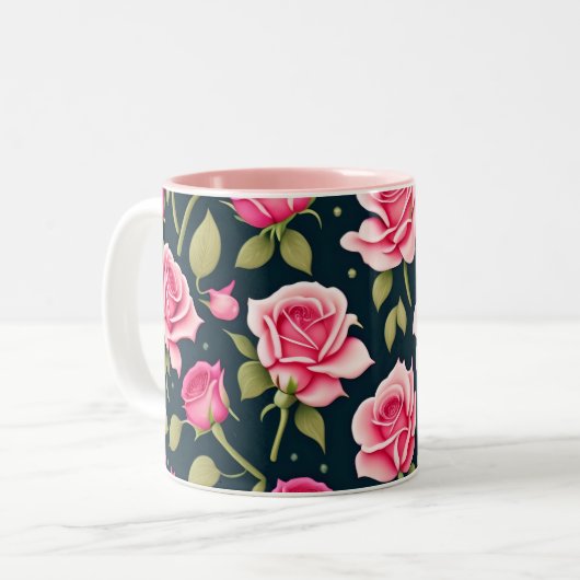 Rozen naadloze Valentijnsdag van het Patroon met t Tweekleurige Koffiemok (Voorkant links)
