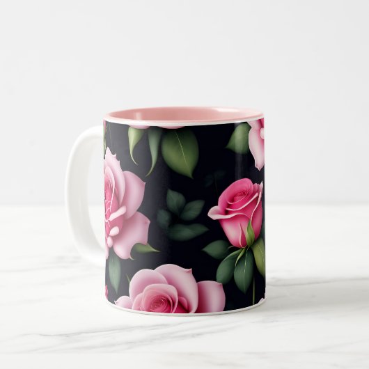 Rozen naadloze Valentijnsdag van het Patroon met t Tweekleurige Koffiemok (Voorkant links)