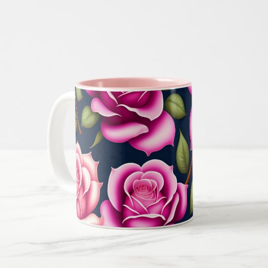 Rozen naadloze Valentijnsdag van het Patroon met t Tweekleurige Koffiemok (Voorkant links)
