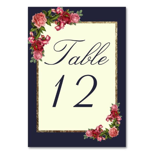 Rozen Navy blauw ivoor en gouden tafelnummers (Voorkant)