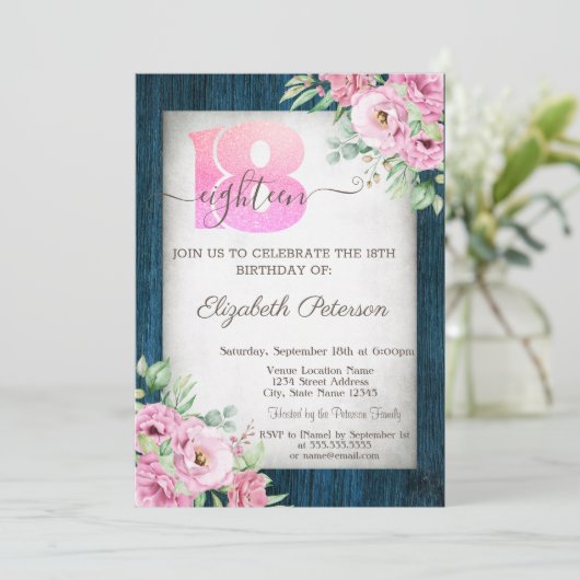 Rozen Navy Blue Wood 18th Birthday Invitation Kaart (Staand voorkant)