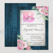 Rozen Navy Blue Wood 18th Birthday Invitation Kaart (Voorkant / Achterkant)